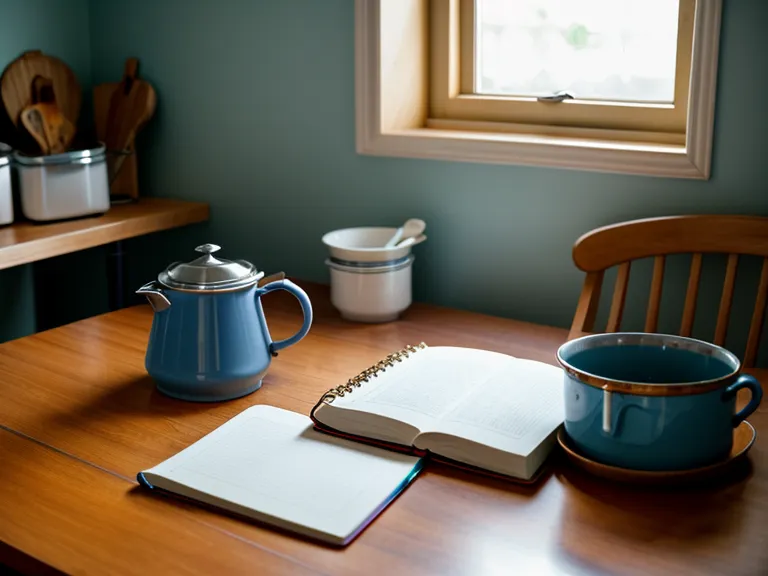 Mi opinión sobre el servicio de cuidado de ancianos para aliviar la carga: cuaderno abierto junto a la pava de mate en la cocina de noche.