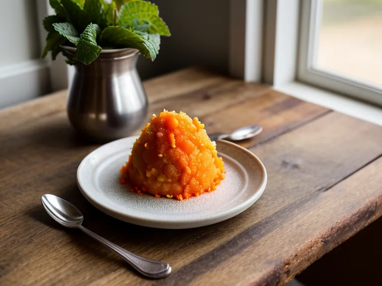 Plato pequeño con porción colorida de puré de vegetales, ejemplo de porción reducida para un adulto mayor